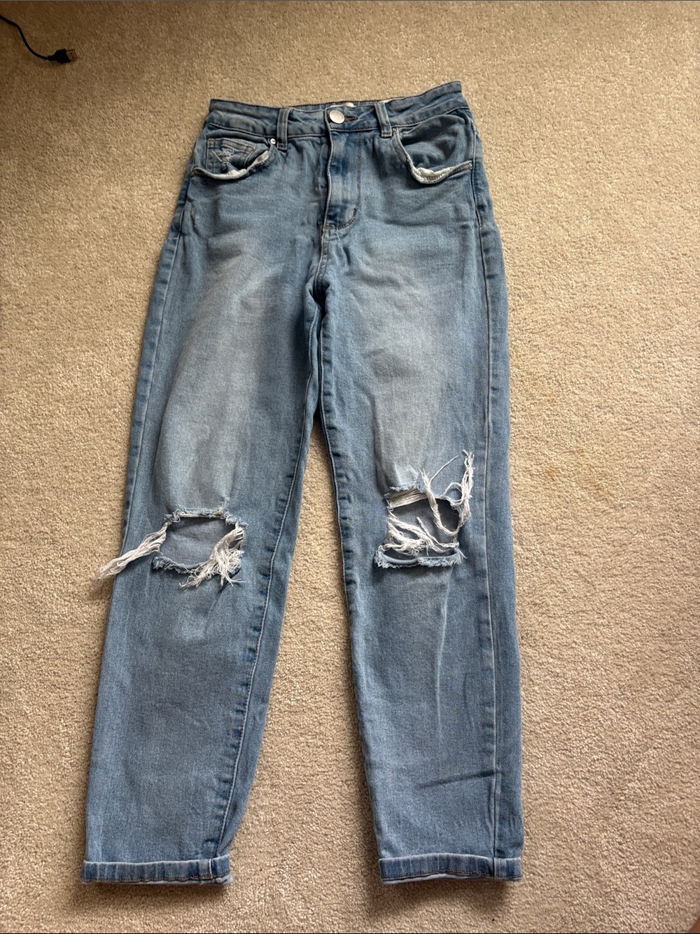 Cotton On Women's Boyfriend Jeans in Light Blue with Knee Rips
